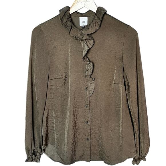 Cabi brown ruffle front button up blouse size XS - Picture 1 of 8